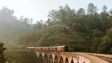 Scenic view of Nine Arches Bridge with train passing through lush greenery in Sri Lanka.